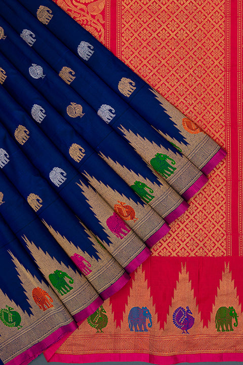 The Navy Blue Gadwal Silk Saree with Tusker & Mayura Butti