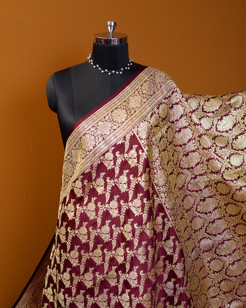 The Maroon Bridal Banarasi Silk Saree With Jaal Work