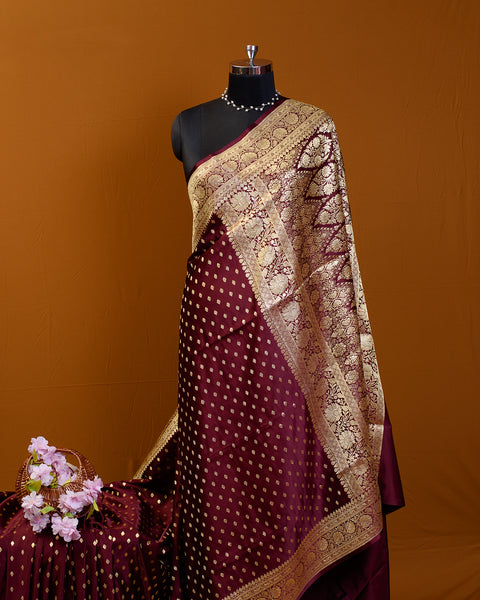 Wine Banarasi Pure Silk Saree Shalu with Golden Zari Work
