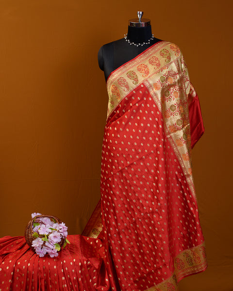 Red Banarasi Pure Silk Saree Shalu with Mina Work and Golden Zari